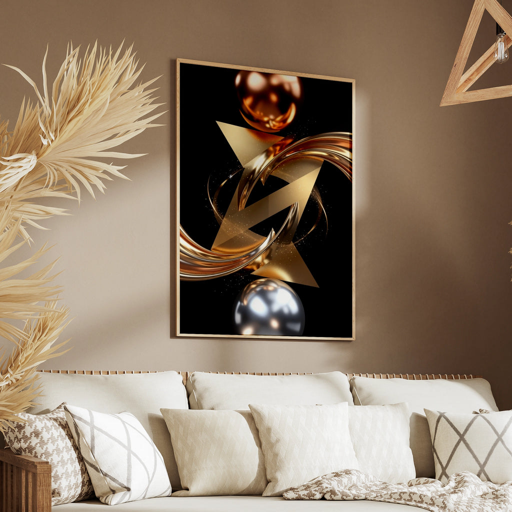 Metallic Abstract Wall Art, Gold Silver Geometric Print, Luxury Black Poster