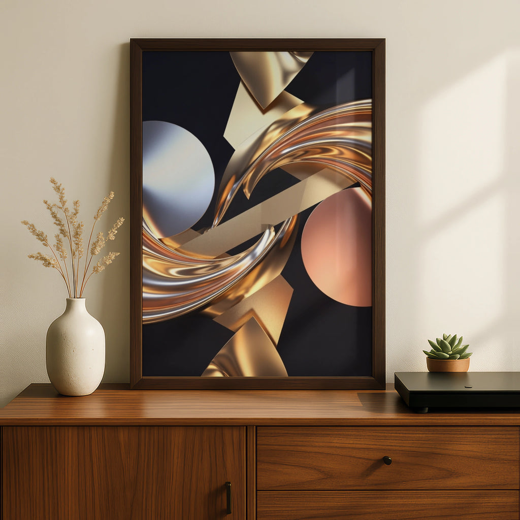 Metallic Abstract Wall Art, Gold Silver Rose Gold 3D Poster, Luxury Modern Print