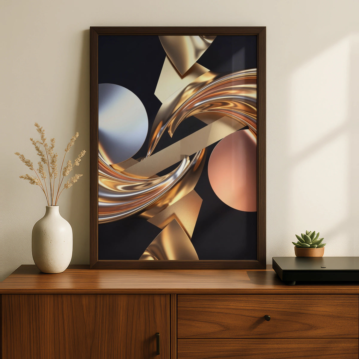 Metallic Abstract Wall Art, Gold Silver Rose Gold 3D Poster, Luxury Modern Print
