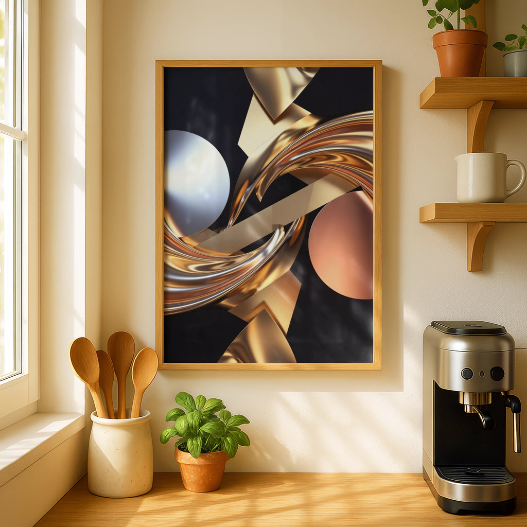 Metallic Abstract Wall Art, Gold Silver Rose Gold 3D Poster, Luxury Modern Print
