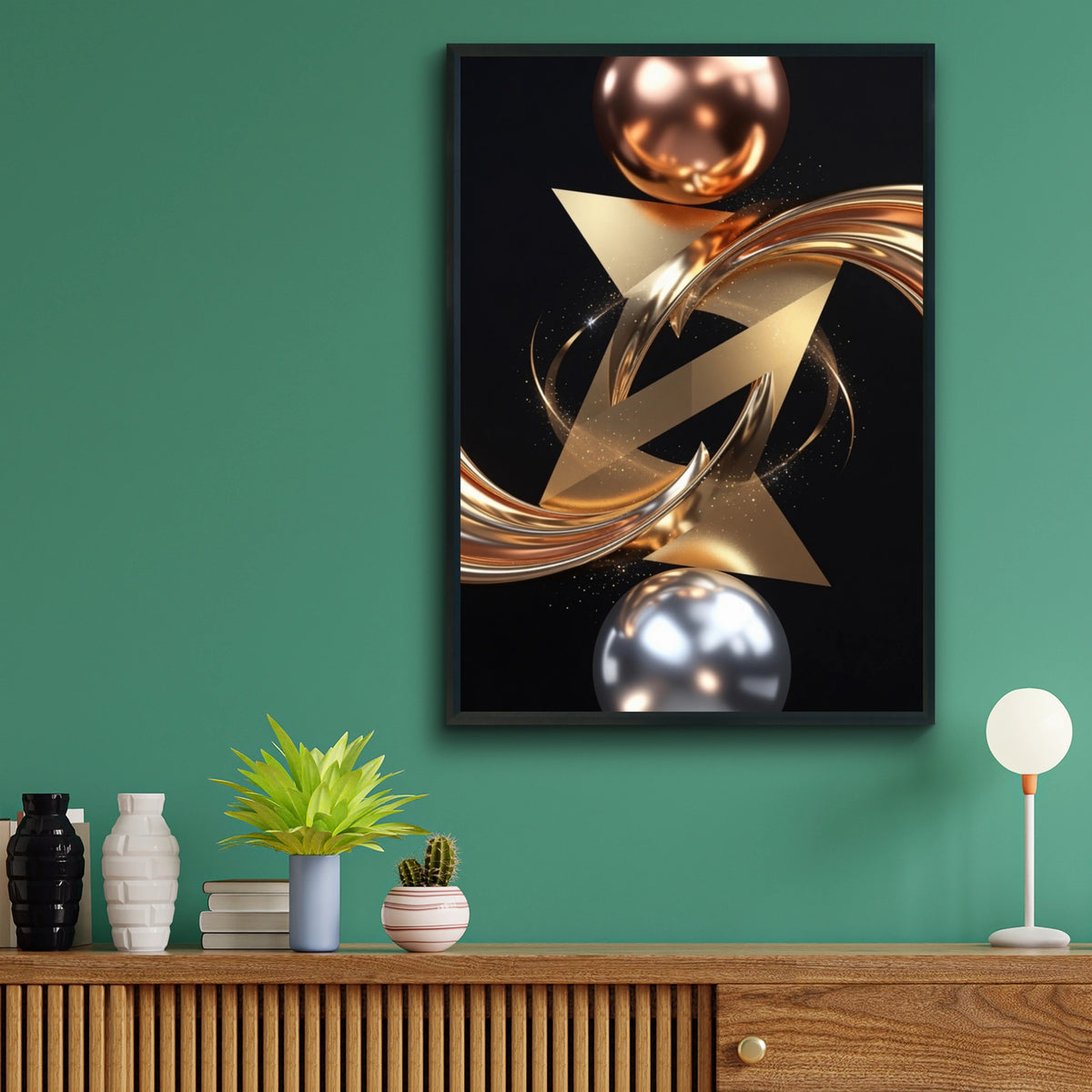 Metallic Abstract Wall Art, Gold Silver Geometric Print, Luxury Black Poster