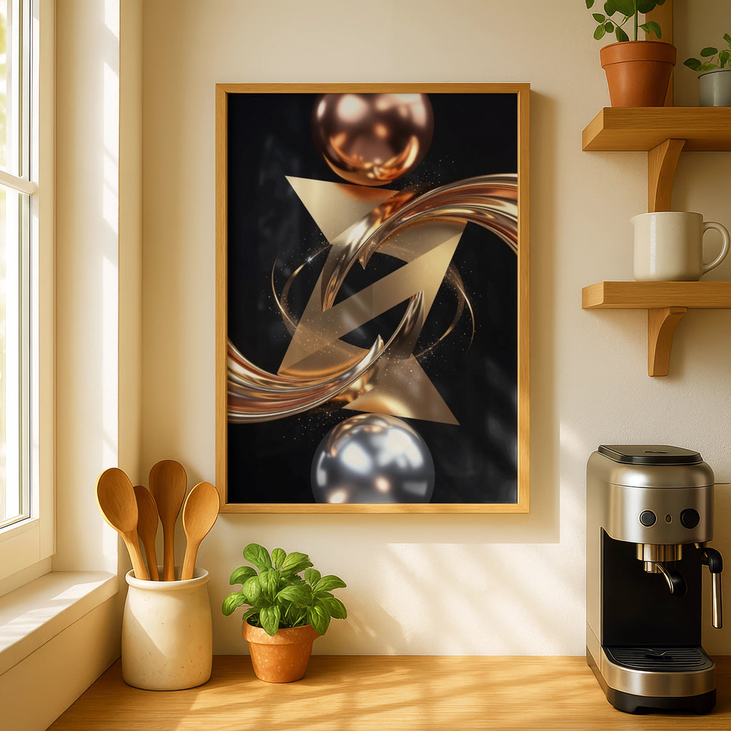 Metallic Abstract Wall Art, Gold Silver Geometric Print, Luxury Black Poster