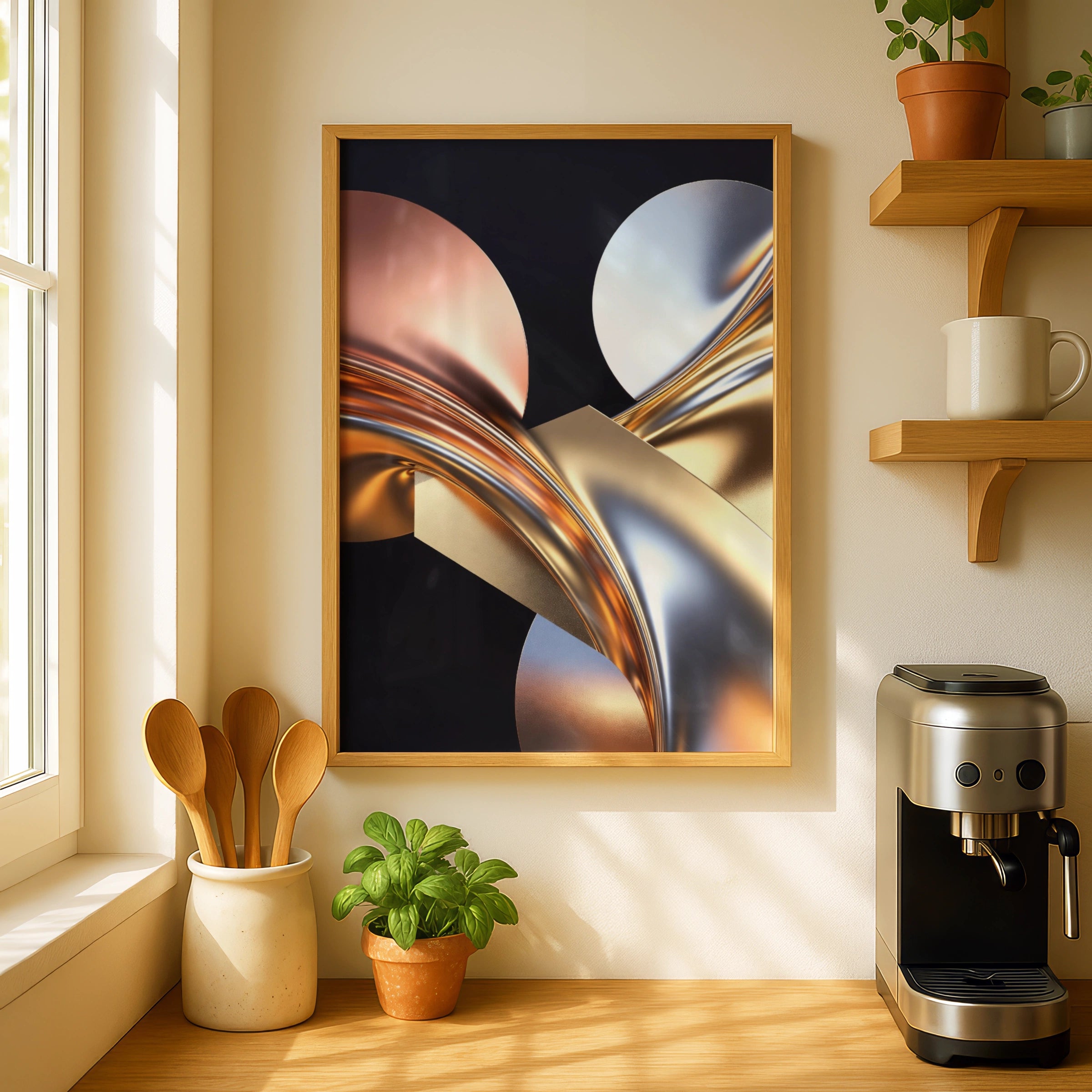Metallic Abstract Art Print, Gold Silver 3D Poster, Luxury Modern Wall Decor