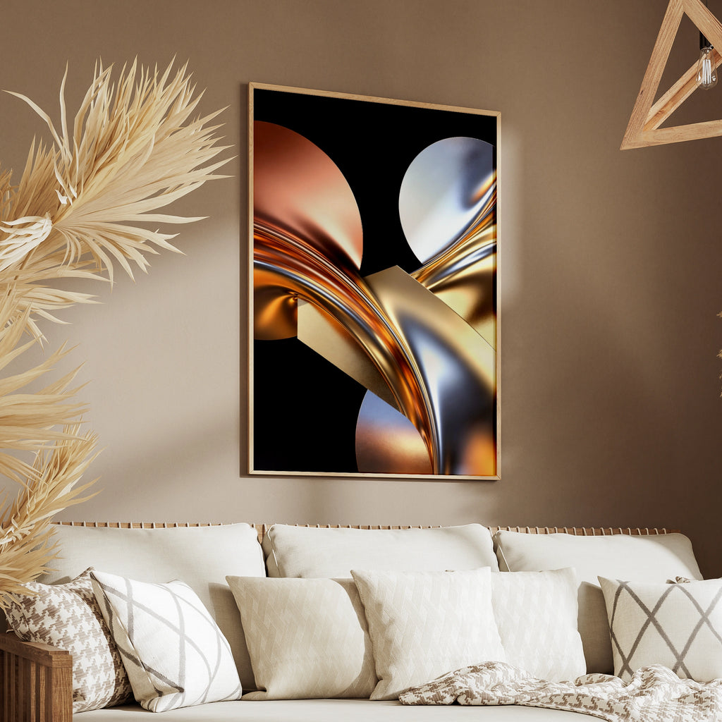 Metallic Abstract Art Print, Gold Silver 3D Poster, Luxury Modern Wall Decor
