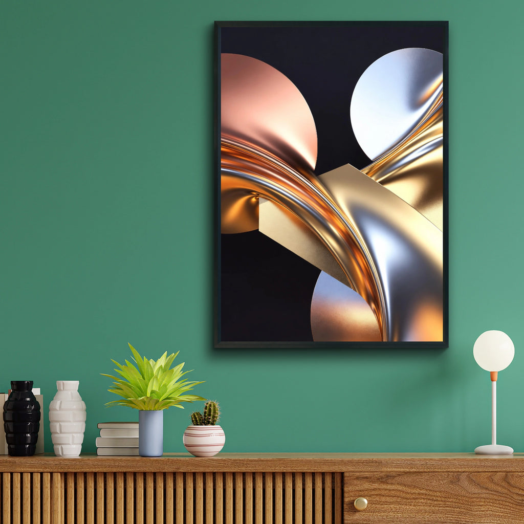Metallic Abstract Art Print, Gold Silver 3D Poster, Luxury Modern Wall Decor