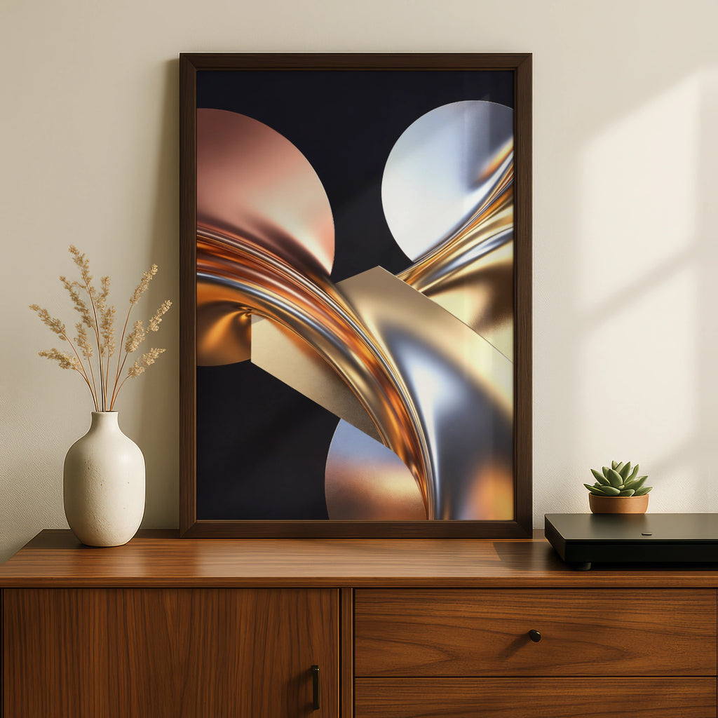 Metallic Abstract Art Print, Gold Silver 3D Poster, Luxury Modern Wall Decor
