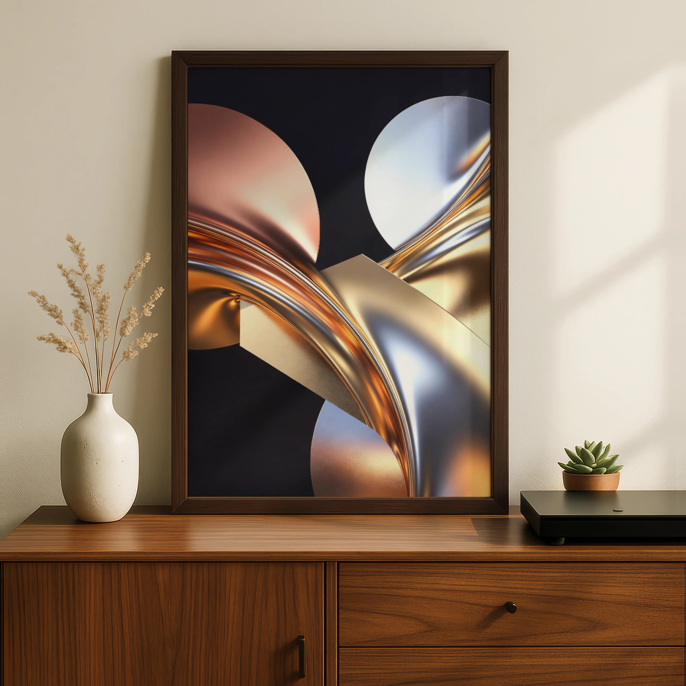 Metallic Abstract Art Print, Gold Silver 3D Poster, Luxury Modern Wall Decor