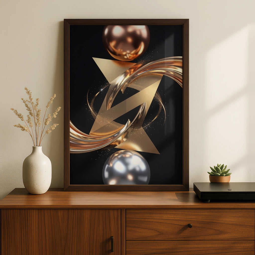 Metallic Abstract Wall Art, Gold Silver Geometric Print, Luxury Black Poster