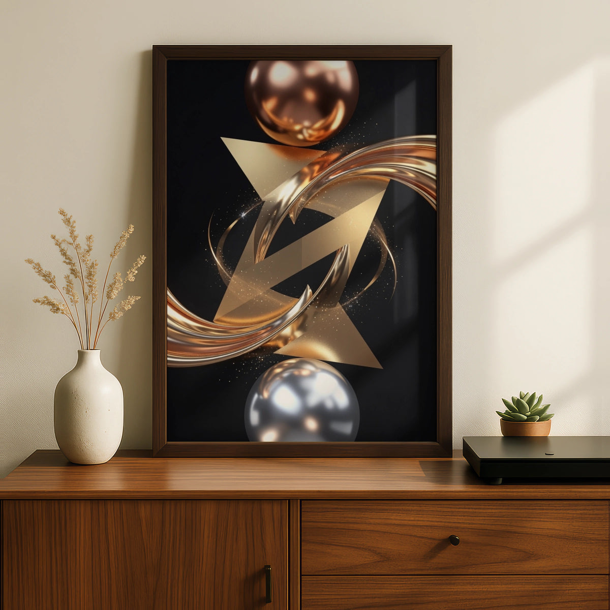 Metallic Abstract Wall Art, Gold Silver Geometric Print, Luxury Black Poster