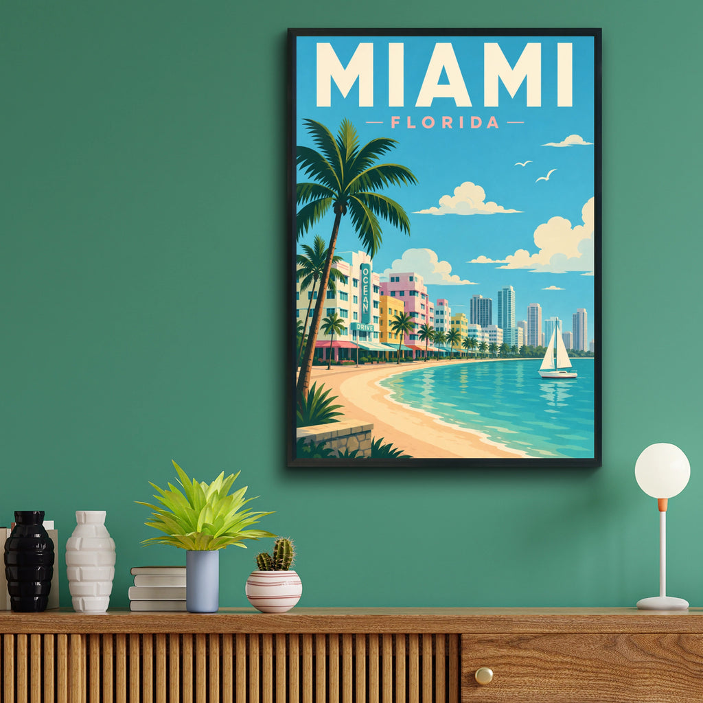 Miami Florida Travel Poster, Ocean Drive Art Deco Wall Art, Beach Print, Retro USA City