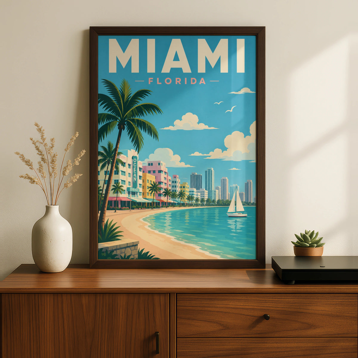 Miami Florida Travel Poster, Ocean Drive Art Deco Wall Art, Beach Print, Retro USA City
