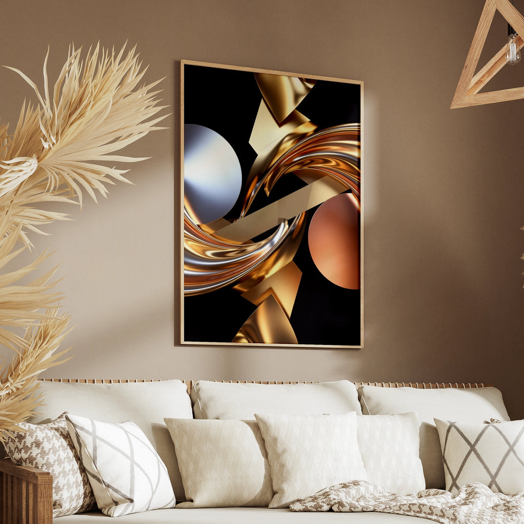 Metallic Abstract Wall Art, Gold Silver Rose Gold 3D Poster, Luxury Modern Print