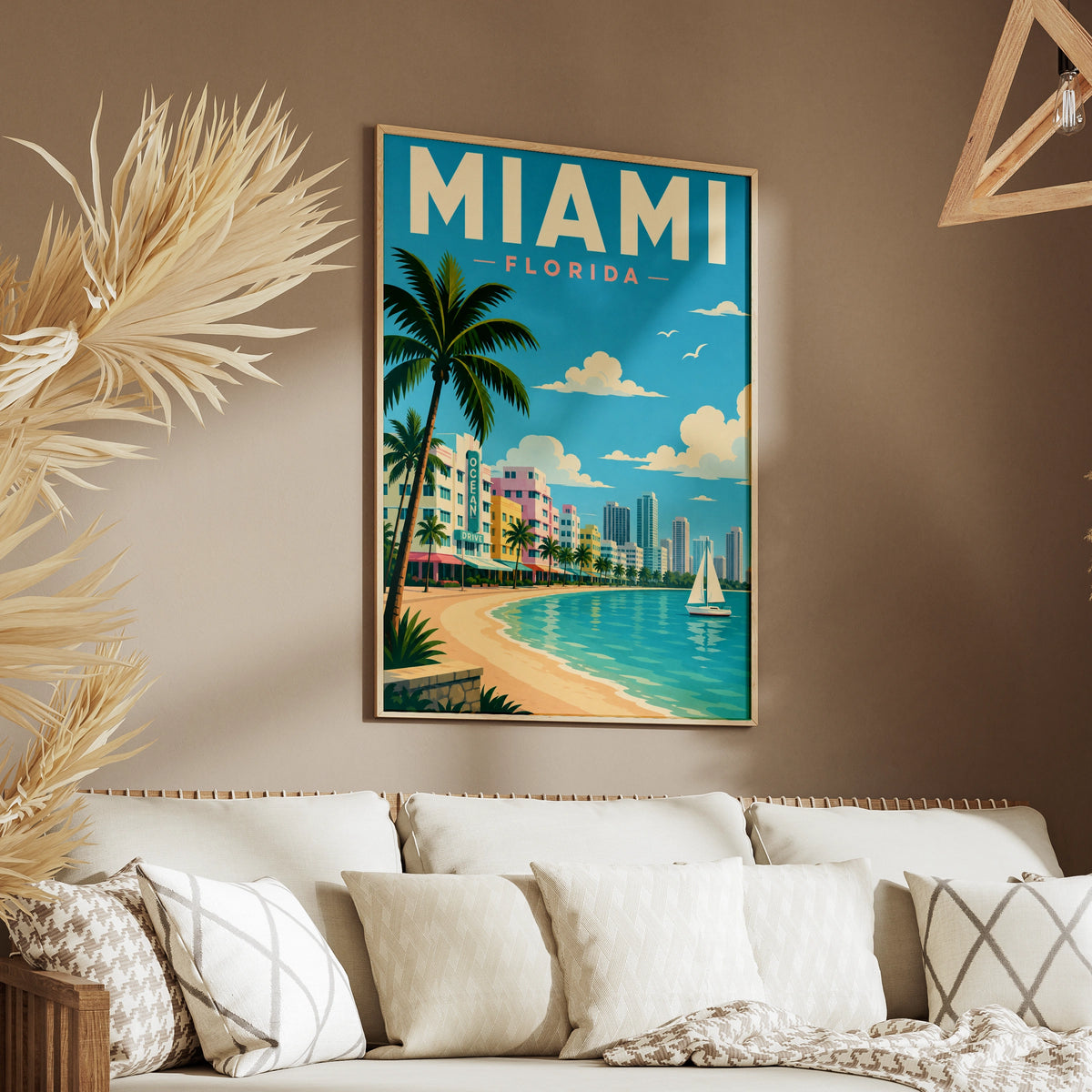 Miami Florida Travel Poster, Ocean Drive Art Deco Wall Art, Beach Print, Retro USA City