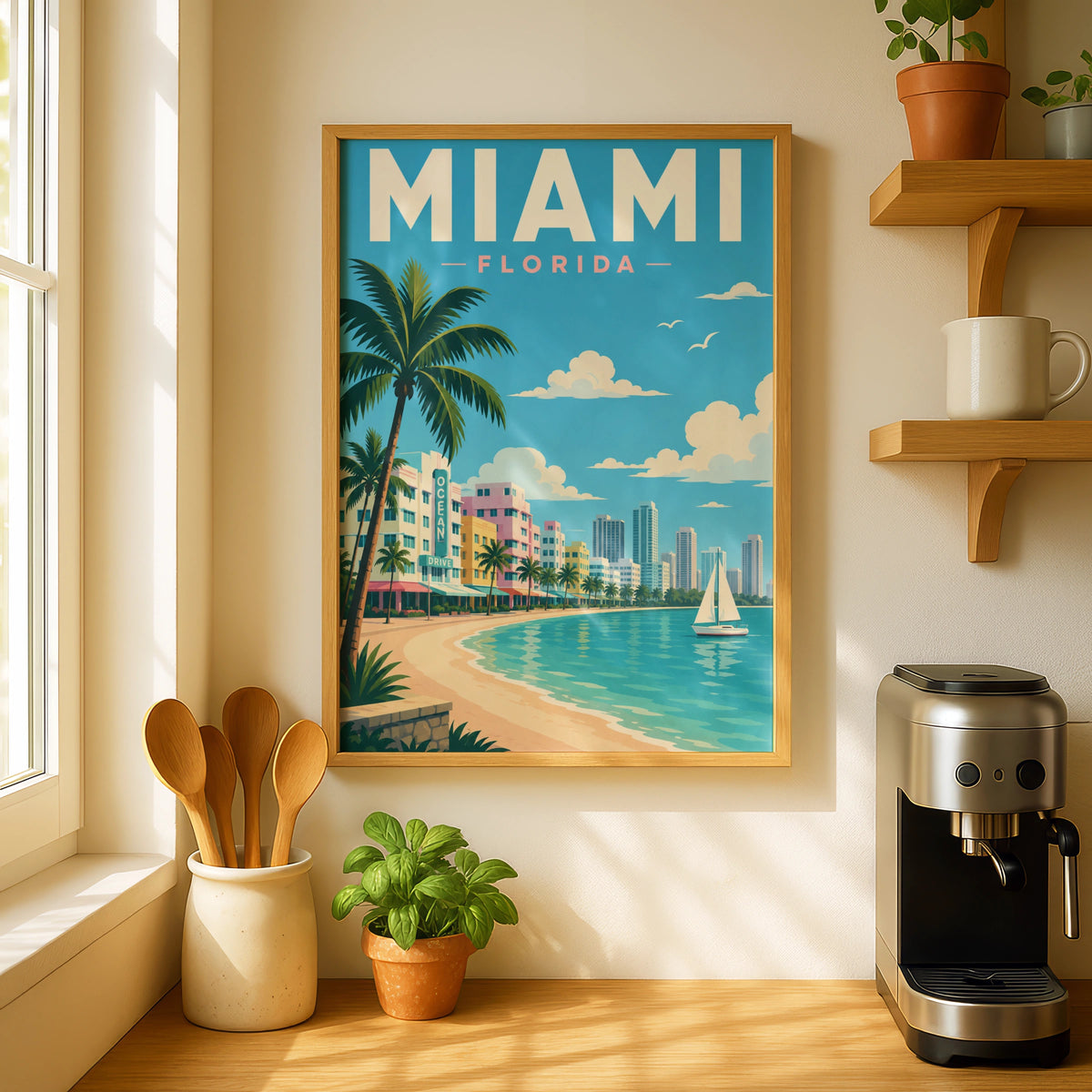 Miami Florida Travel Poster, Ocean Drive Art Deco Wall Art, Beach Print, Retro USA City