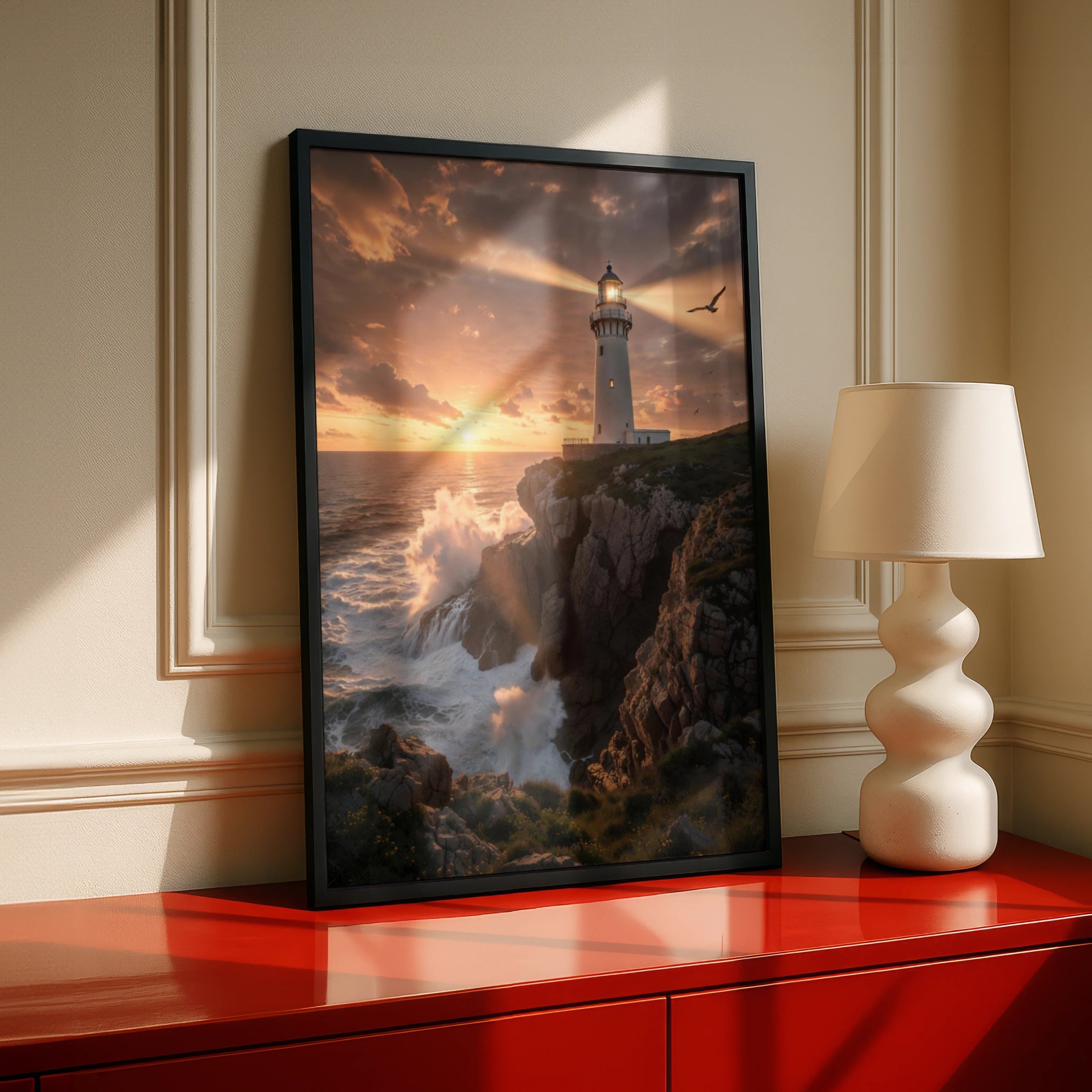 Lighthouse Sunset Poster, Coastal Wall Art, Rocky Cliff Ocean Print, Dramatic Seascape Decor