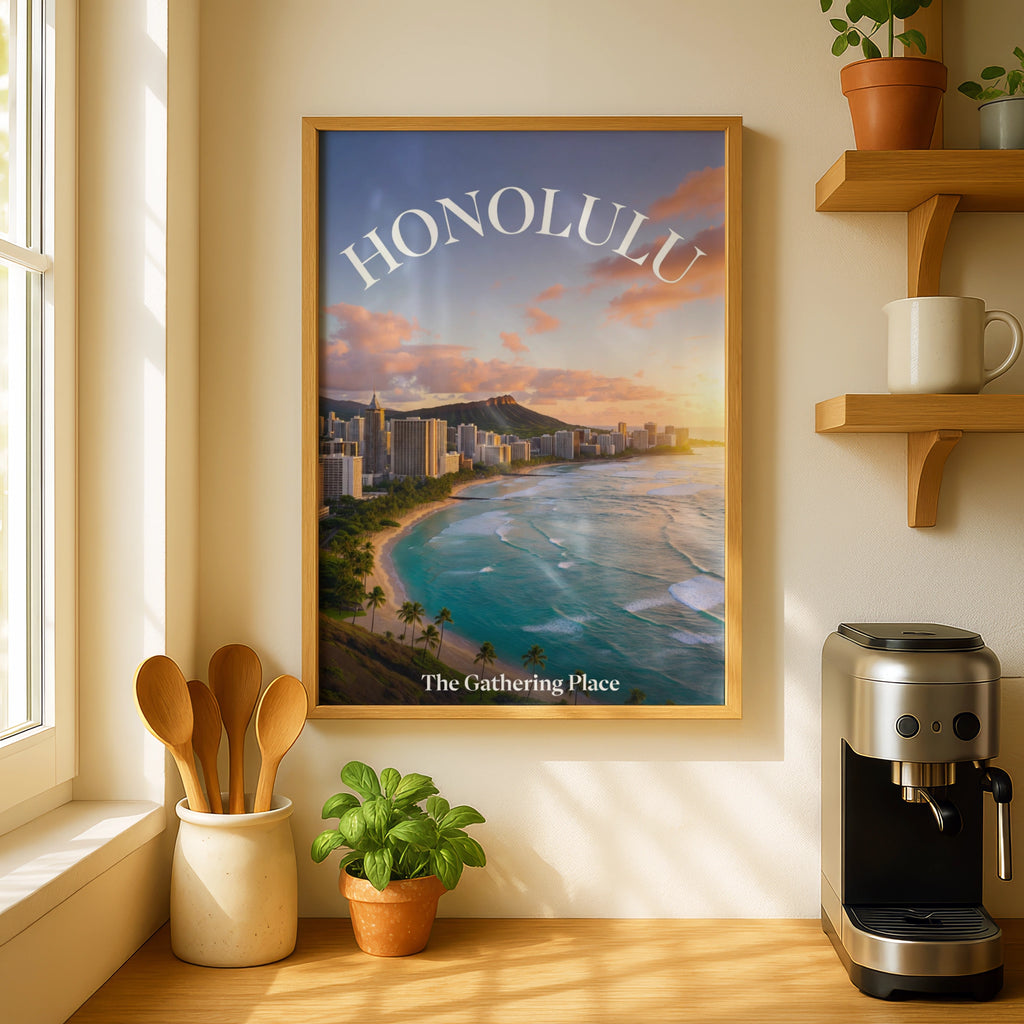 Honolulu Hawaii Travel Poster, Waikiki Beach Wall Art, Diamond Head Sunset Print