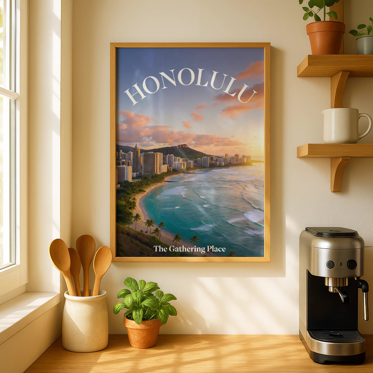 Honolulu Hawaii Travel Poster, Waikiki Beach Wall Art, Diamond Head Sunset Print
