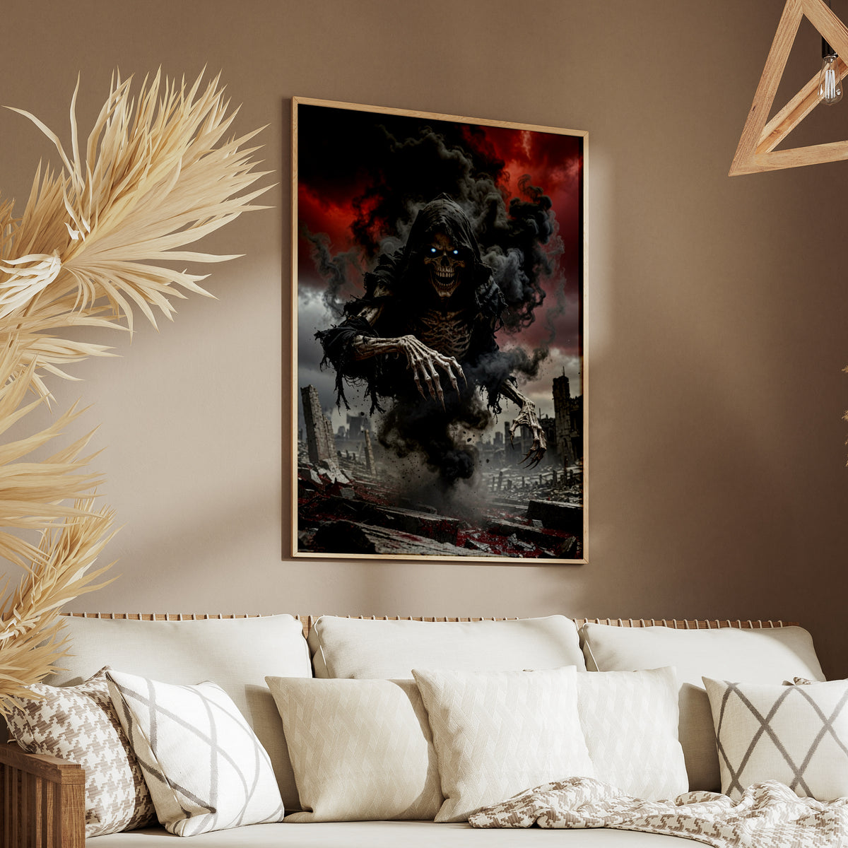 Grim Reaper Poster, Dark Skeleton Wall Art, Gothic Horror Print, Red Sky Apocalypse Decor