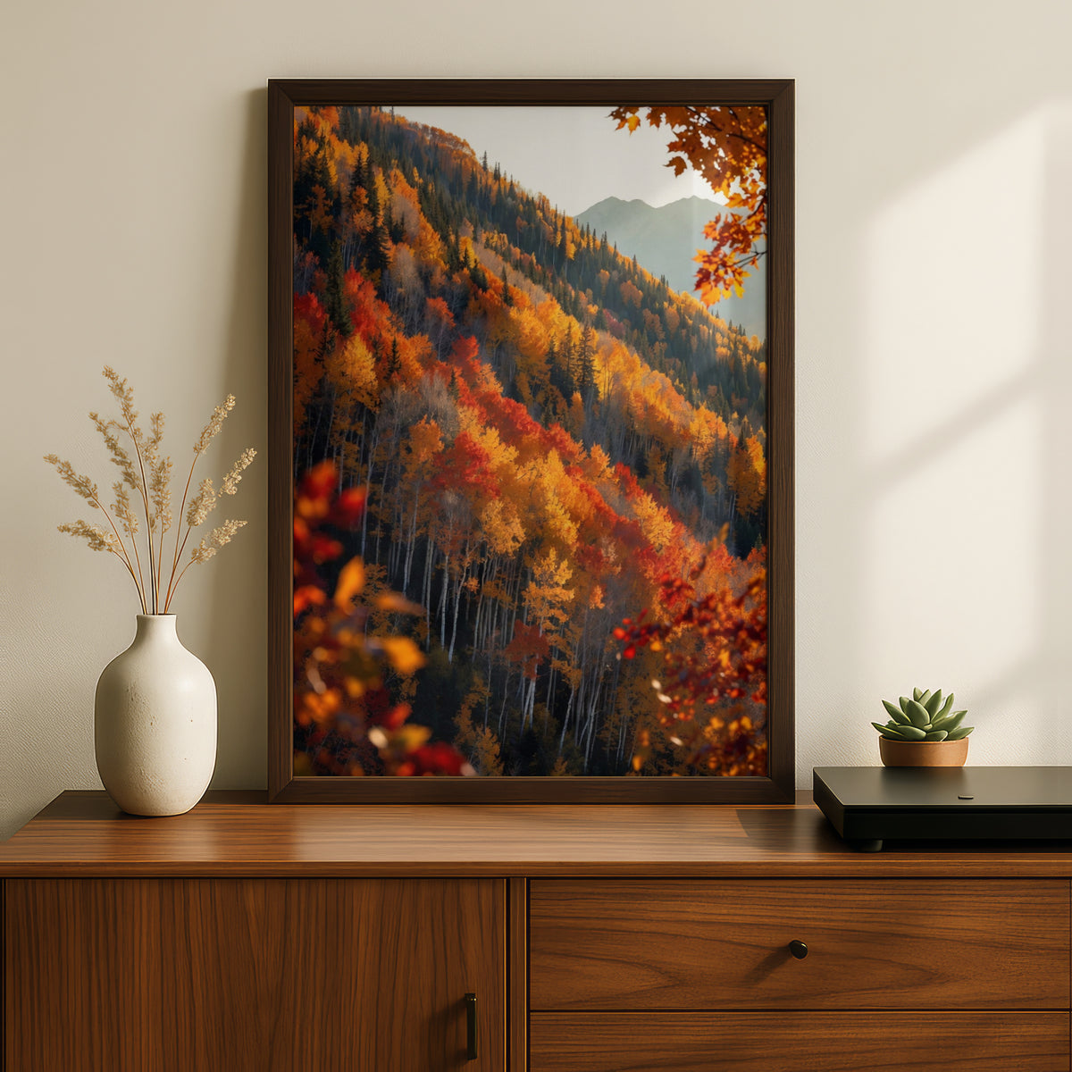 Fall Colors Mountain Forest Poster, Autumn Aspen Trees Wall Art, Red Orange Nature Print
