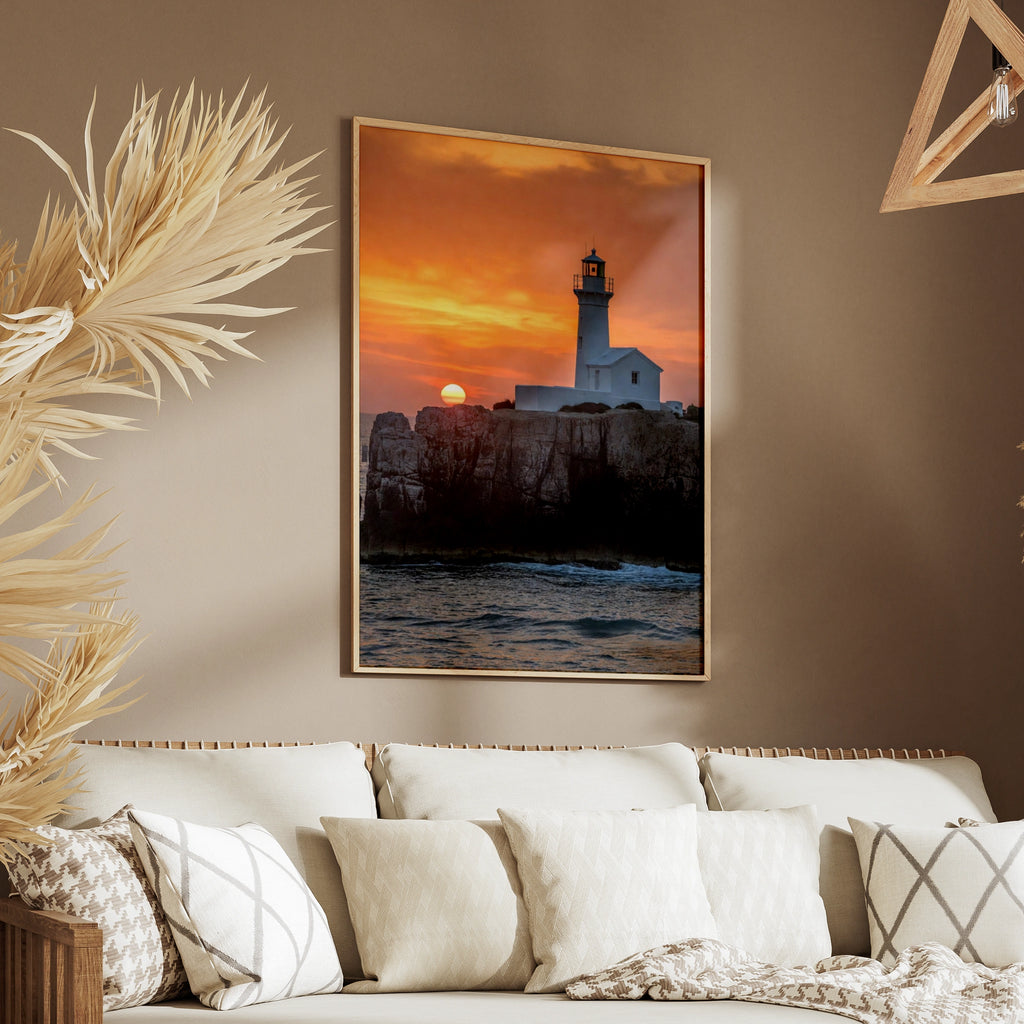 Lighthouse Sunset Poster, Coastal Rocky Cliff Wall Art, Ocean Photography Print