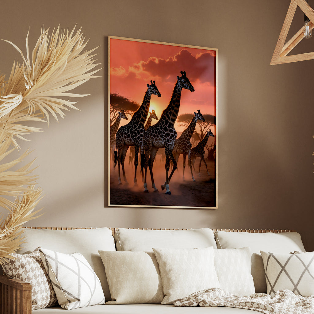 Giraffe Herd Sunset Poster, African Safari Wall Art, Savanna Wildlife Print, Pink Sky Decor