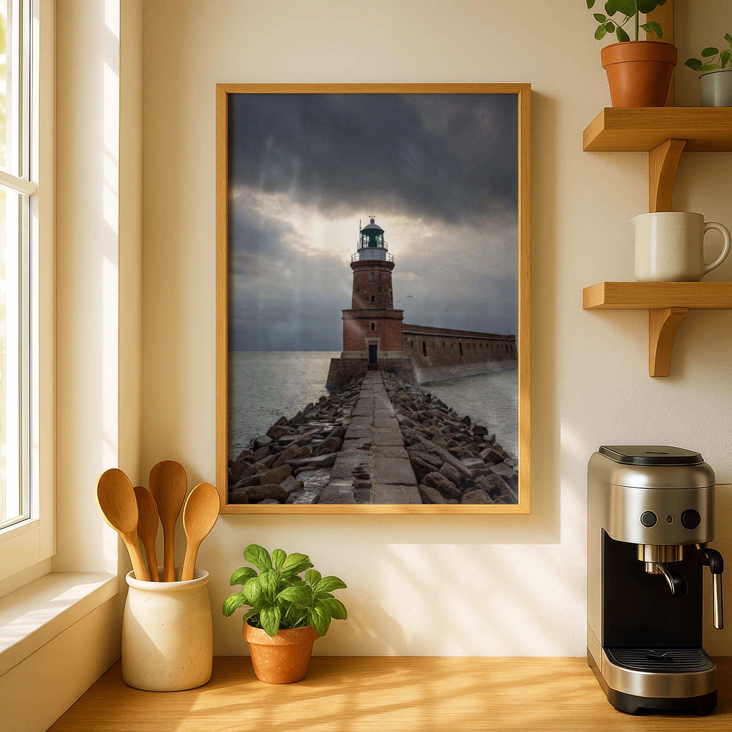 Lighthouse Poster, Stormy Sea Wall Art, Dramatic Sky Coastal Print, Nautical Decor