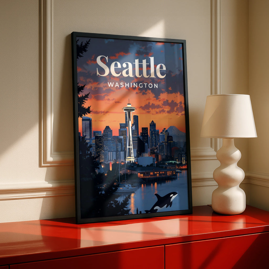 Seattle Washington Travel Poster, Space Needle Skyline Wall Art, Orca Sunset Print