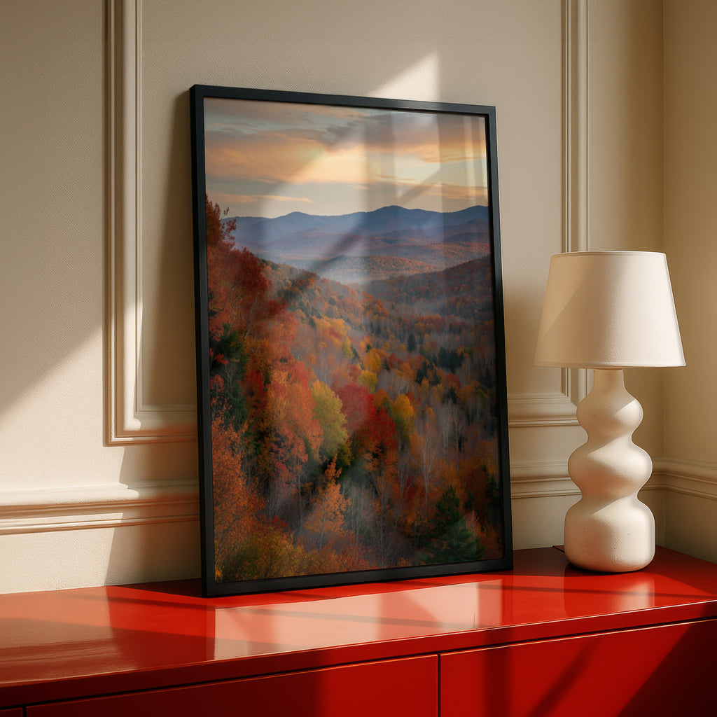 Fall Colors Mountain Forest Poster, Autumn Landscape Wall Art, Red Orange Foliage Print