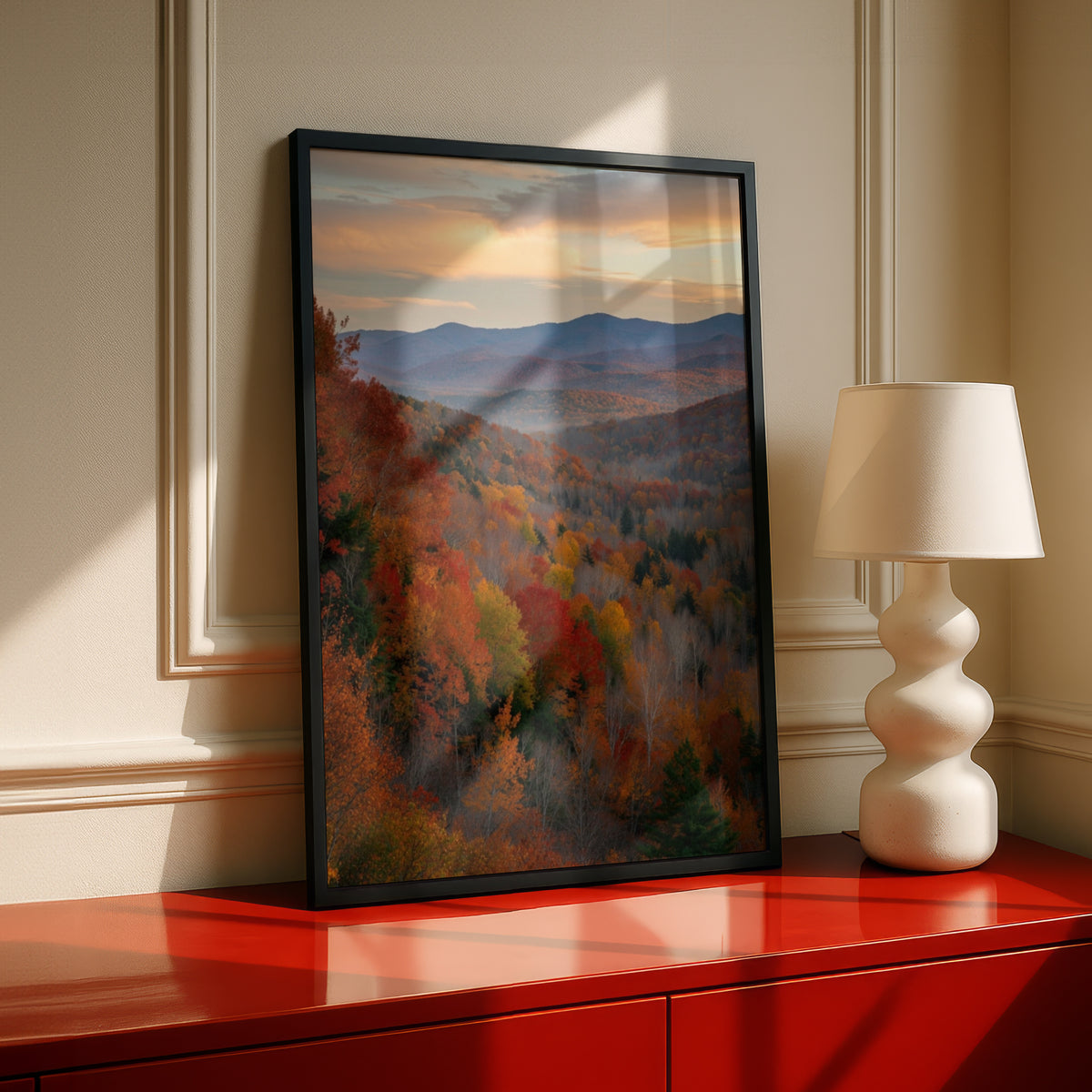 Fall Colors Mountain Forest Poster, Autumn Landscape Wall Art, Red Orange Foliage Print