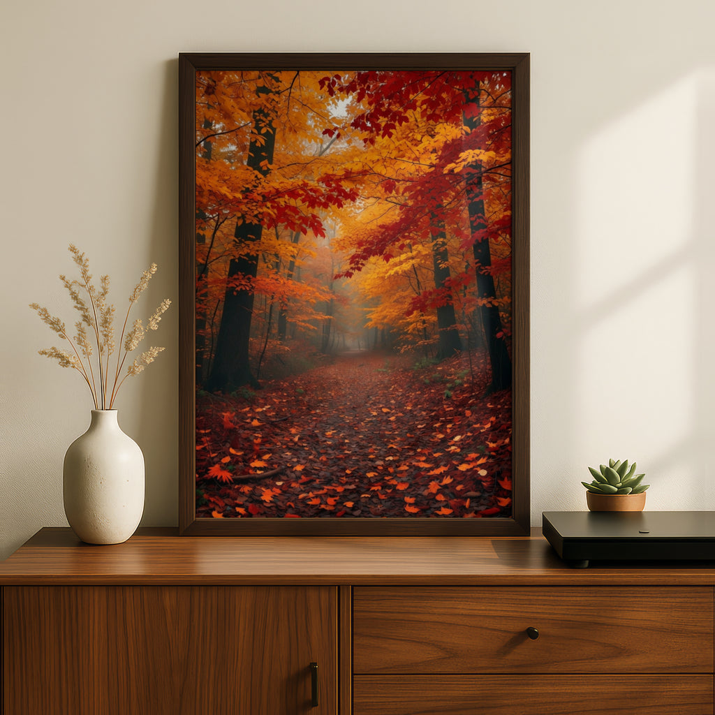 Fall Forest Path Poster, Autumn Foliage Wall Art, Orange Red Leaves Nature Print