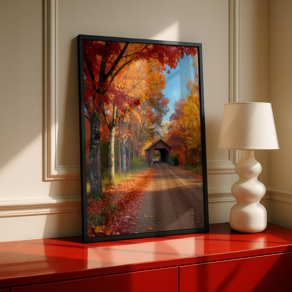 Fall Foliage Covered Bridge Poster, Autumn Country Road Wall Art, New England Nature Print