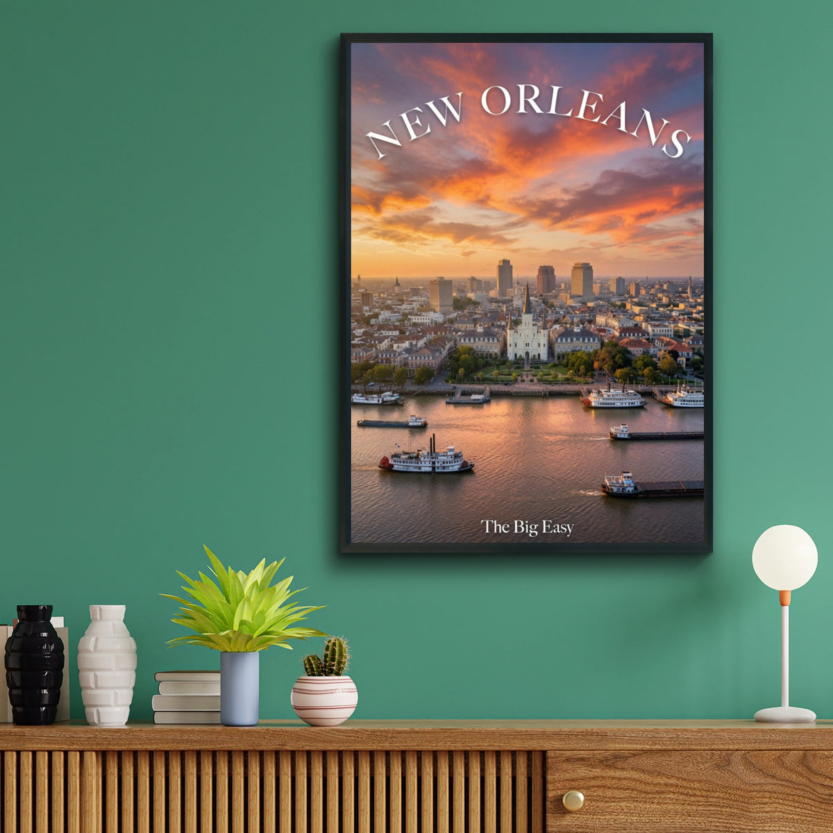 New Orleans Poster, The Big Easy Skyline Wall Art, Mississippi River Sunset Print