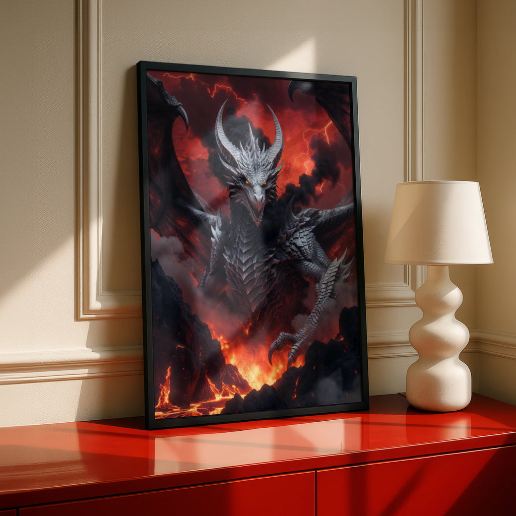 Dragon Wall Art, Dark Fantasy Poster, Fire Lava Lightning Epic Creature Print