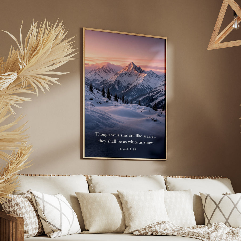 Isaiah 1:18 Bible Verse Poster, Snowy Mountain Scripture Wall Art, Christian Gift