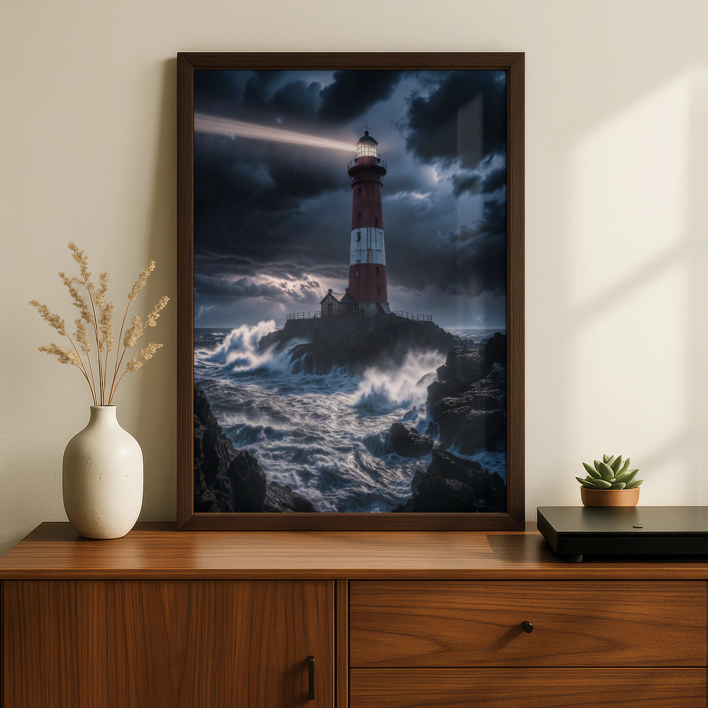 Stormy Lighthouse Poster, Red White Tower Ocean Waves Wall Art, Dark Dramatic Coastal Print