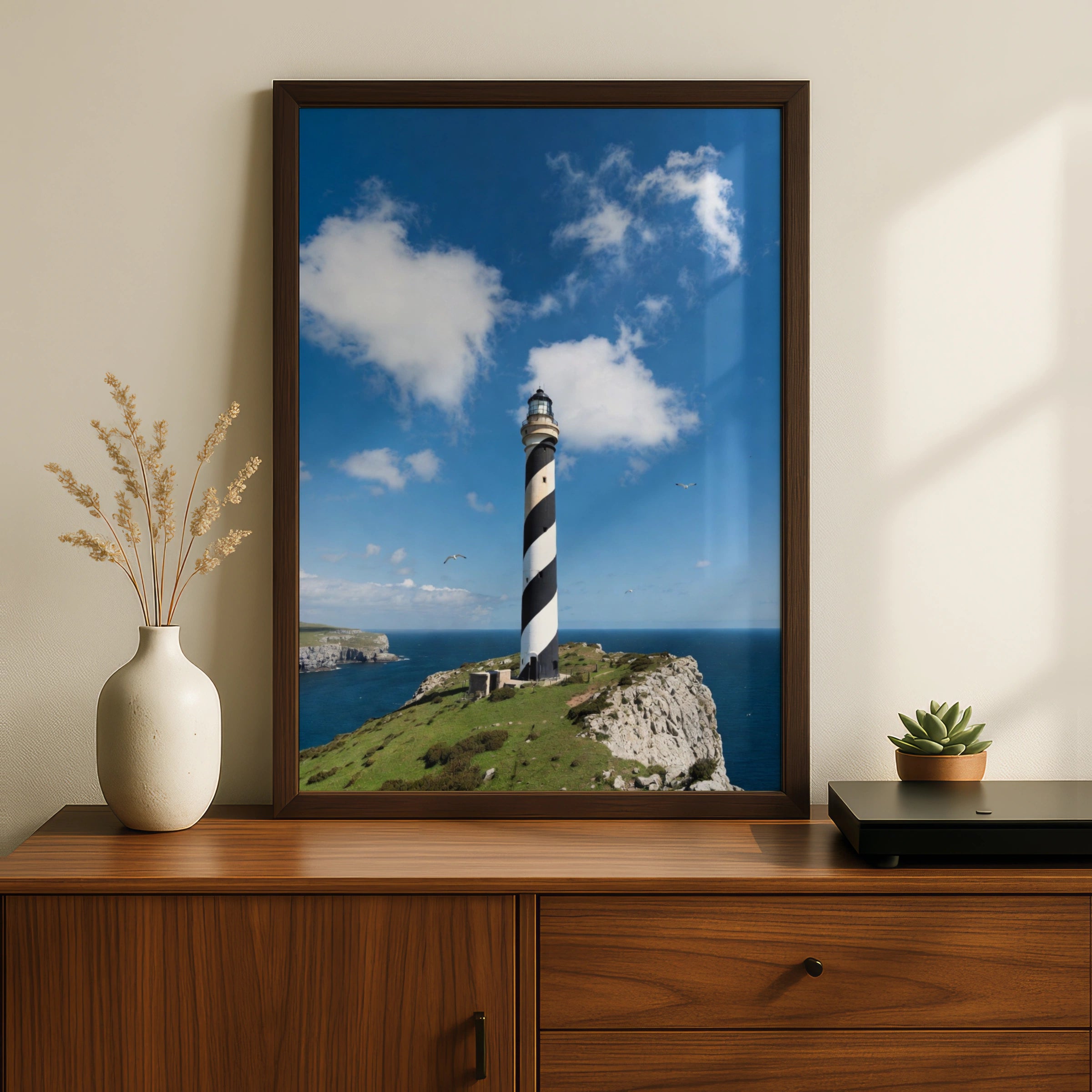 Lighthouse Poster, Black White Spiral Tower Coastal Wall Art, Seaside Cliffs Print