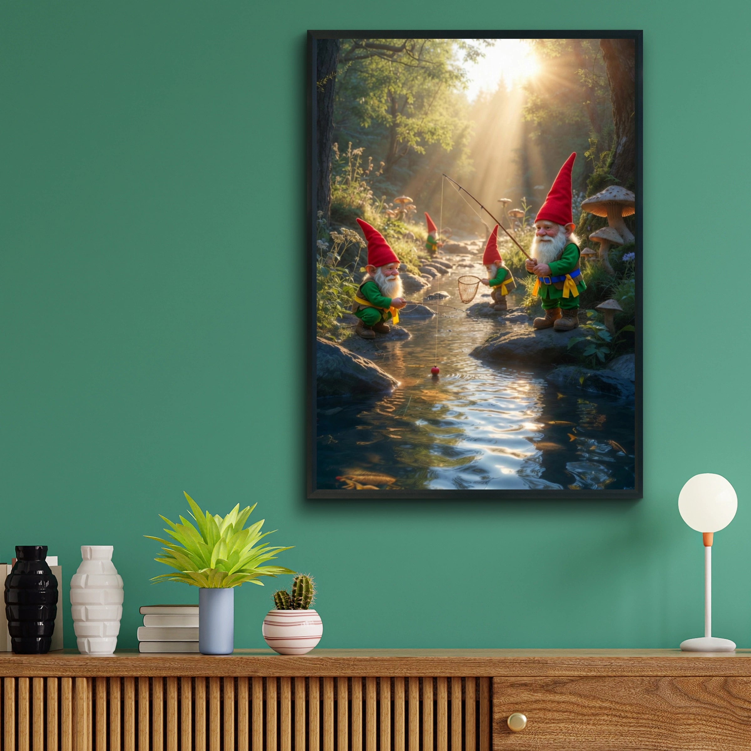 Gnomes Fishing in Enchanted Forest Poster, Whimsical Mushroom Wall Art, Fairy Tale Print