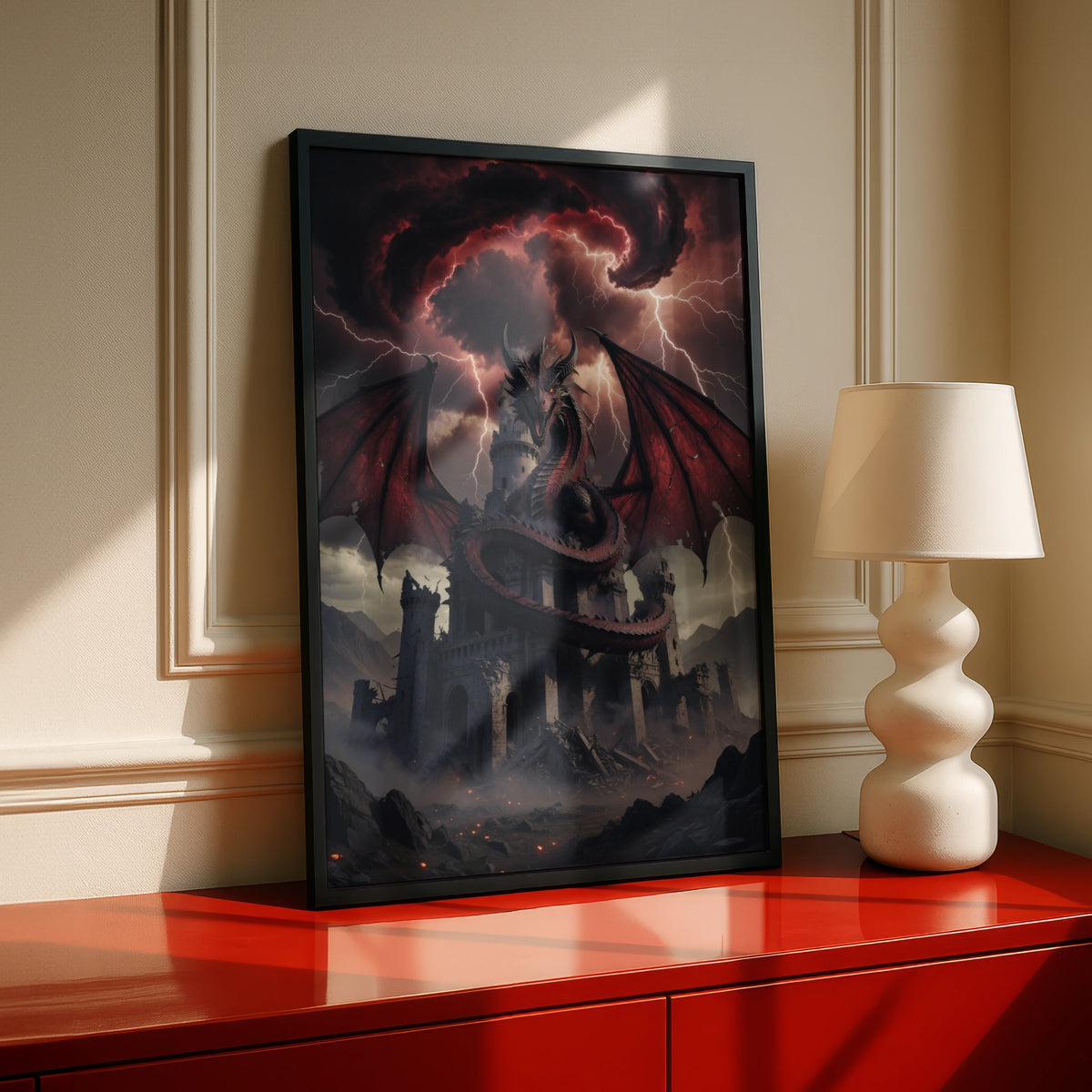 Red Dragon Castle Poster, Dark Fantasy Wall Art, Gothic Storm Lightning Print