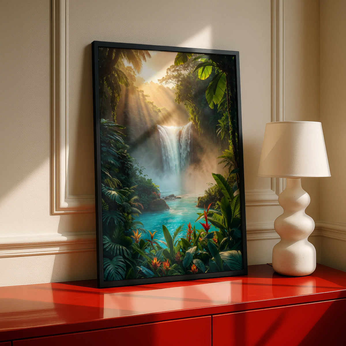 Jungle Waterfall Poster, Tropical Rainforest Wall Art, Turquoise Nature Print