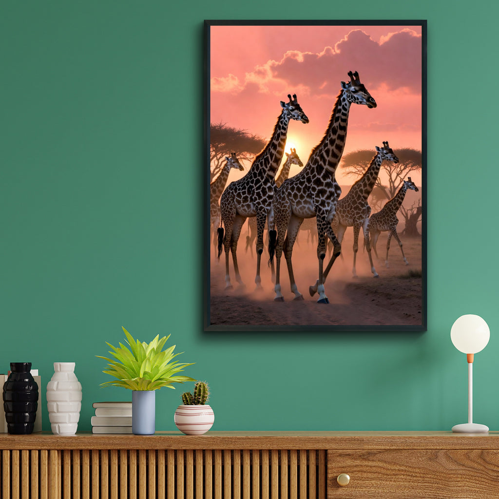 Giraffe Herd Sunset Poster, African Safari Wall Art, Savanna Wildlife Print, Pink Sky Decor