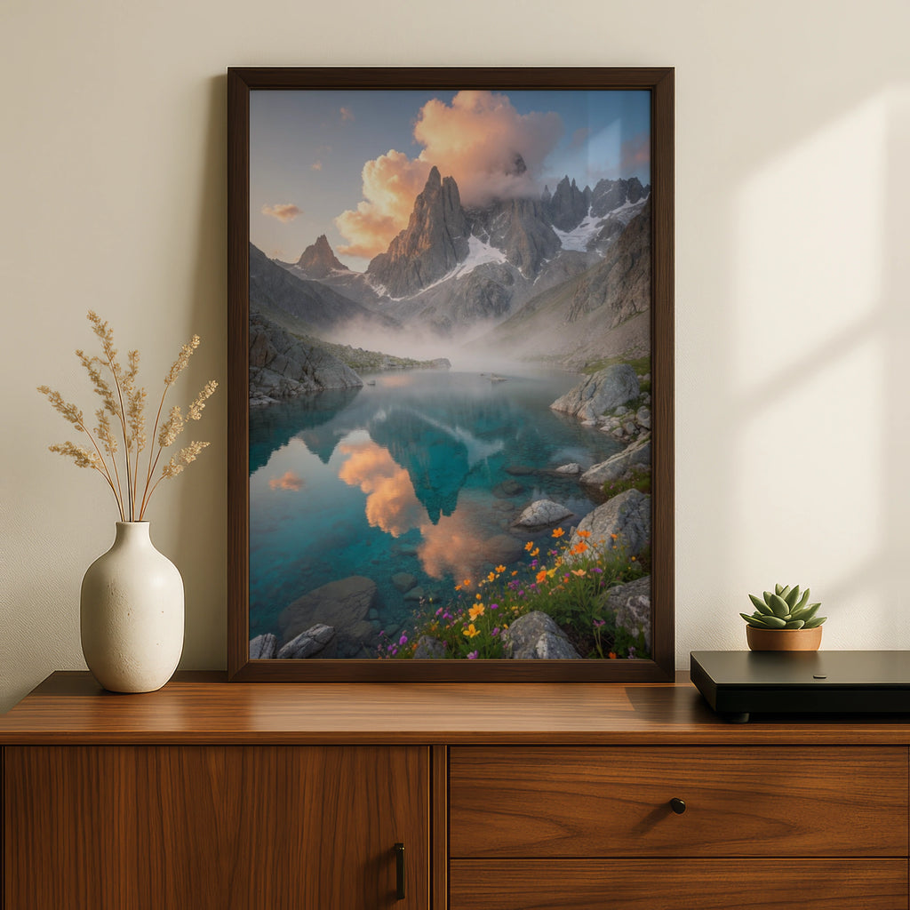 Mountain Lake Poster, Alpine Wildflower Wall Art, Teal Lake Landscape Print, Nature Decor