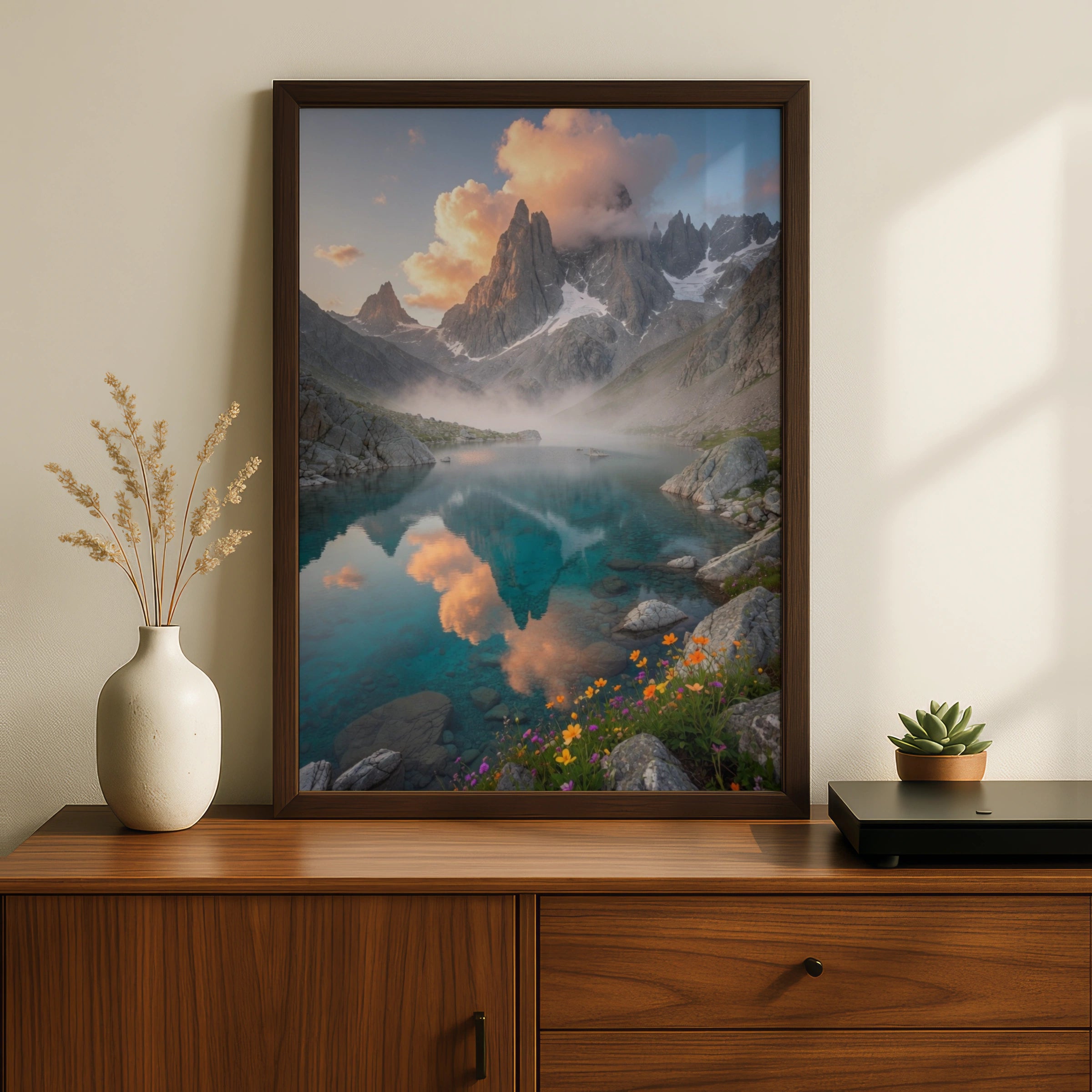Mountain Lake Poster, Alpine Wildflower Wall Art, Teal Lake Landscape Print, Nature Decor
