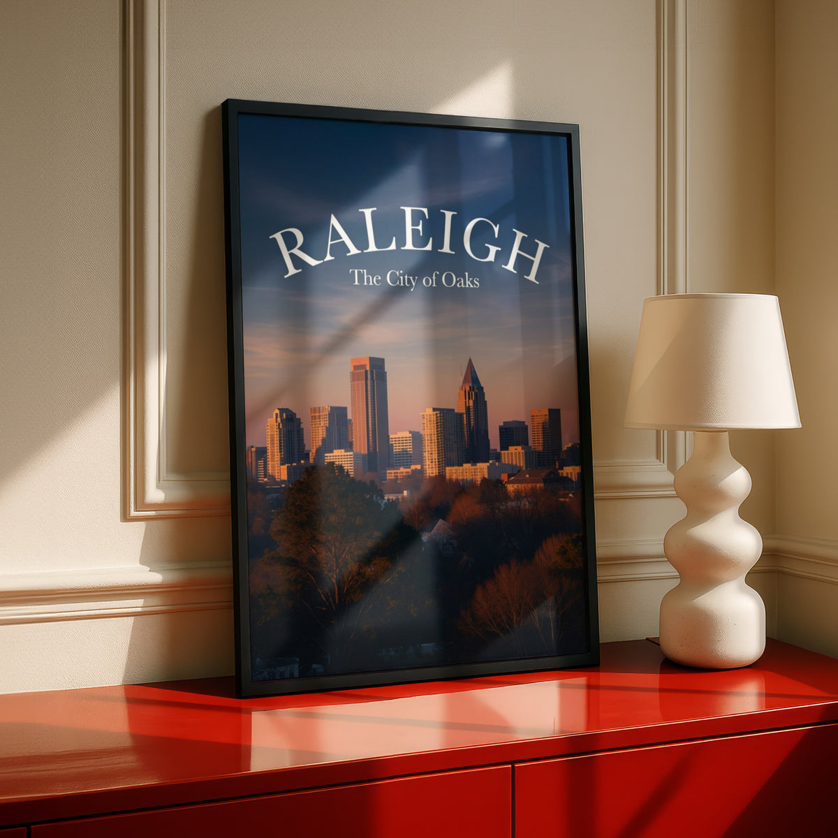 Raleigh North Carolina Skyline Poster, City of Oaks Sunset Wall Art, NC Gift