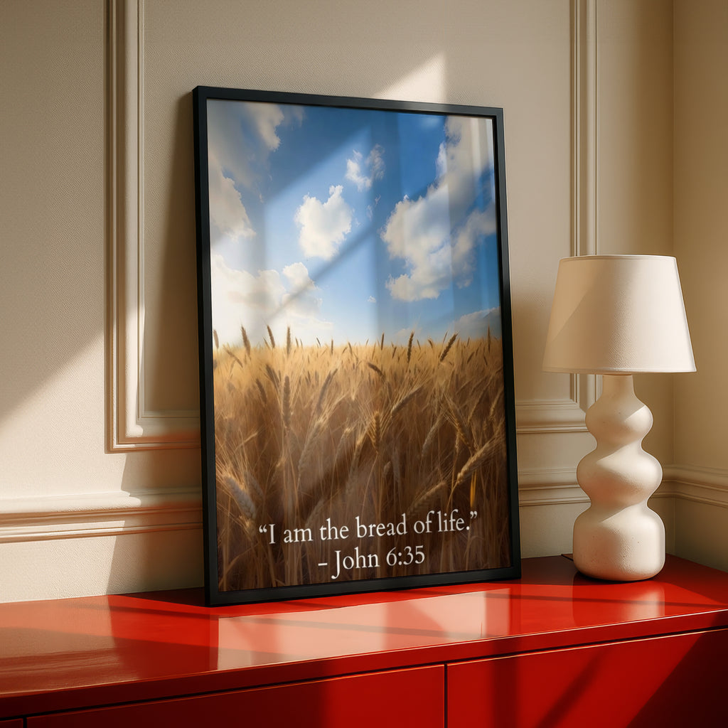 John 6:35 Bible Verse Poster, Bread of Life Scripture Wall Art, Wheat Field Christian Print
