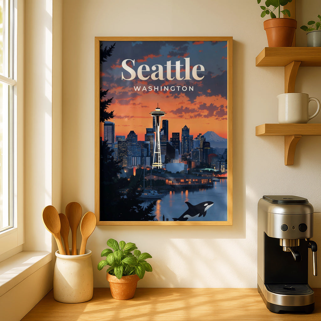 Seattle Washington Travel Poster, Space Needle Skyline Wall Art, Orca Sunset Print
