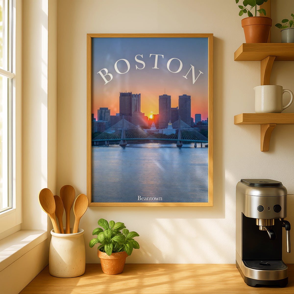 Boston Skyline Sunset Poster, Beantown Wall Art, Massachusetts City Print, Bridge