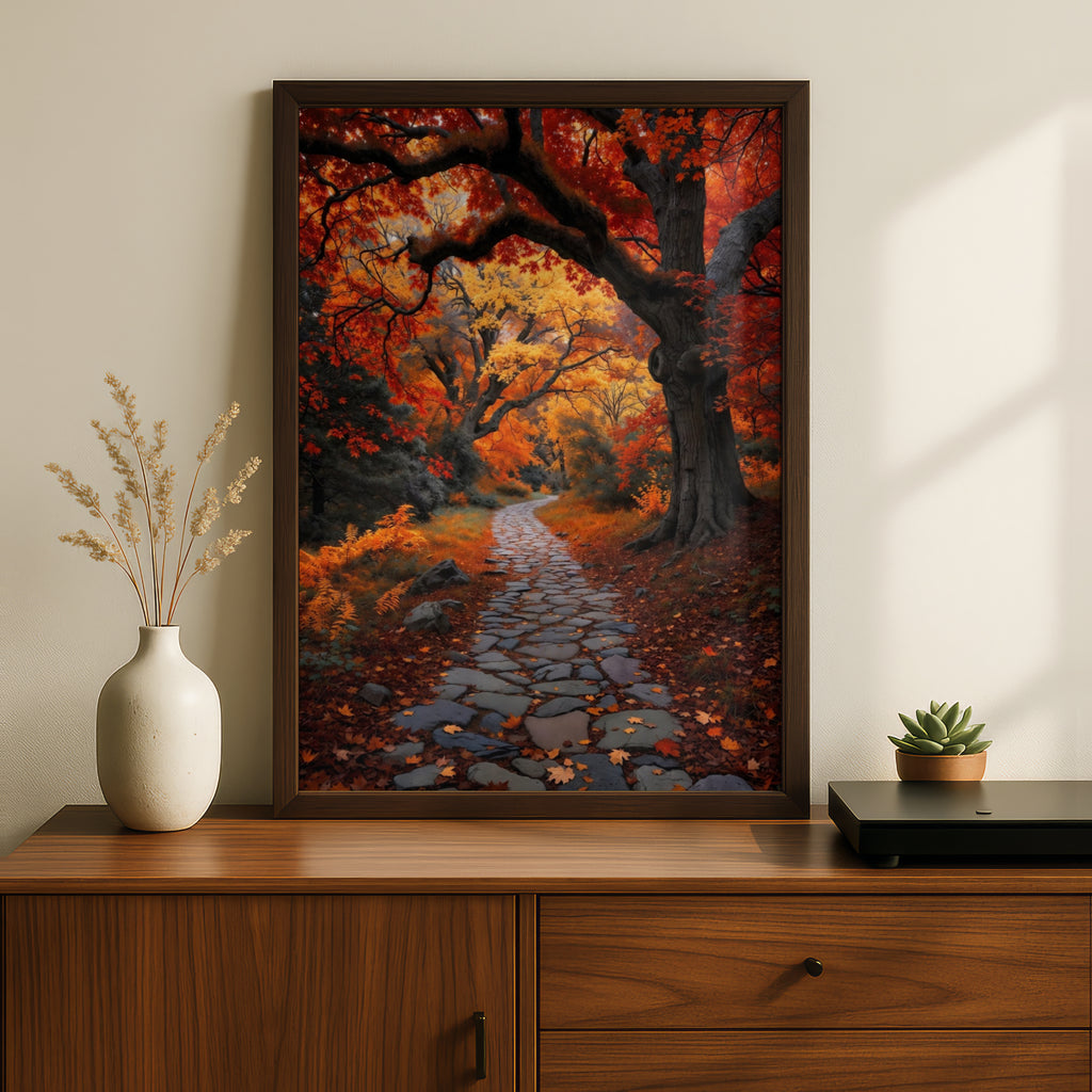 Fall Forest Path Poster, Autumn Colors Nature Wall Art, Red Orange Foliage Stone Path Print