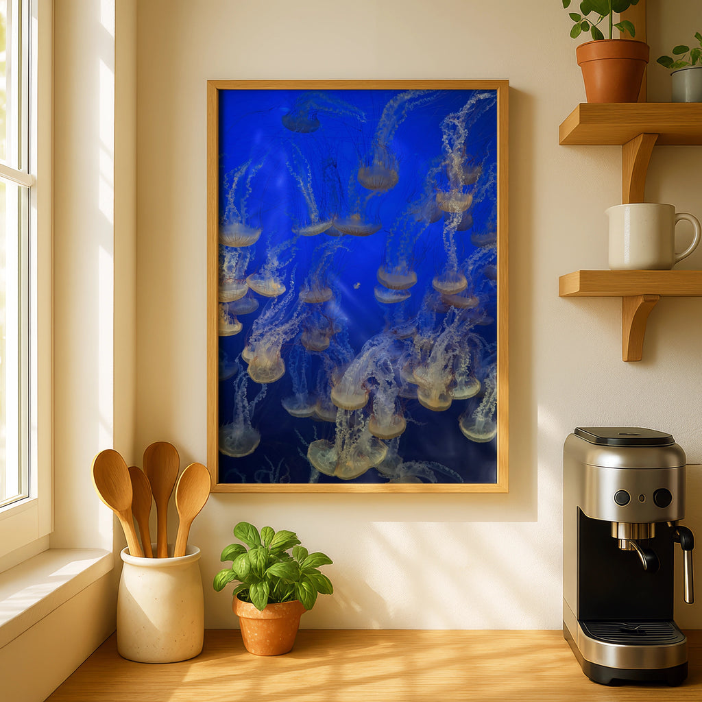 Jellyfish Swarm Poster, Ocean Wall Art, Blue Underwater Sea Life Print, Coastal Decor
