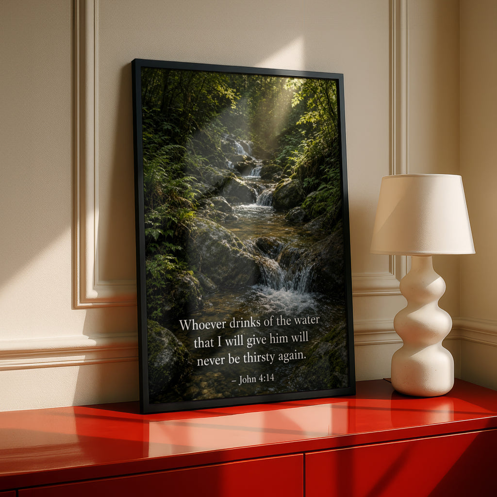 John 4:14 Bible Verse Poster, Scripture Wall Art, Christian Nature Print, Forest Waterfall
