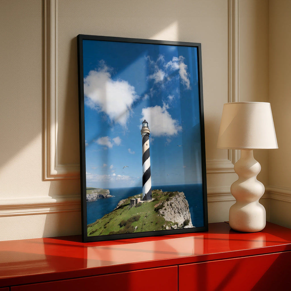 Lighthouse Poster, Black White Spiral Tower Coastal Wall Art, Seaside Cliffs Print